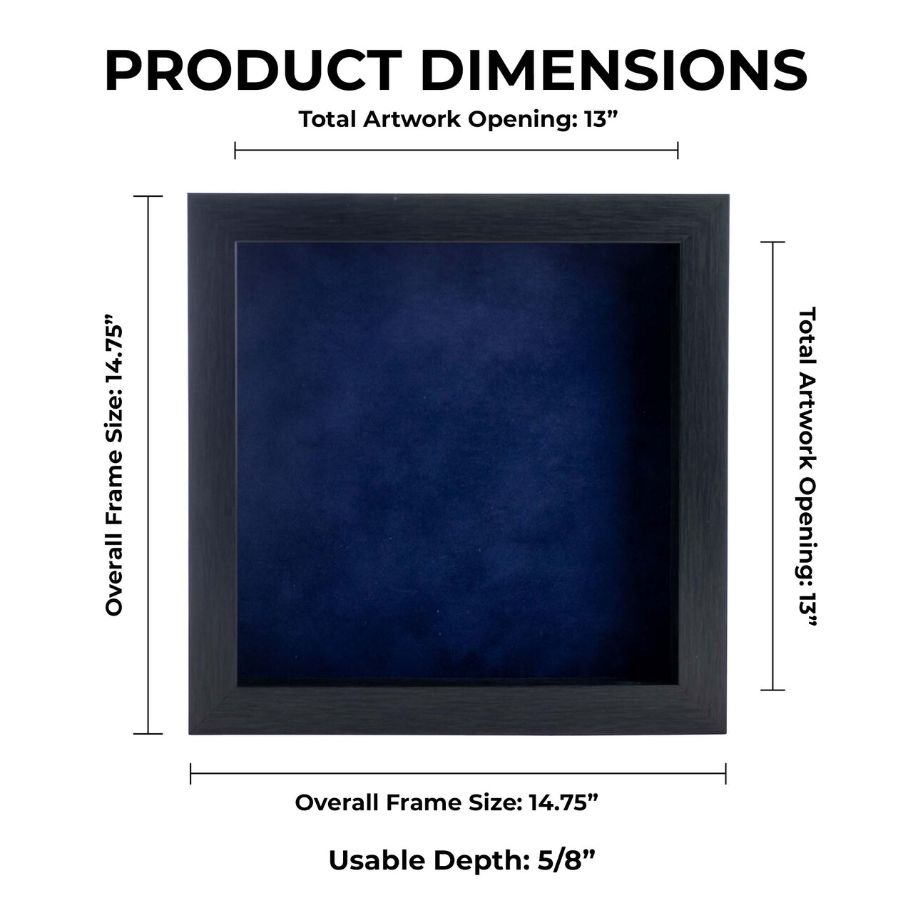 Elegant Charcoal Wood Shadow Box Frame with Acrylic Front - Navy Blue Suede Backing, 30 Sizes